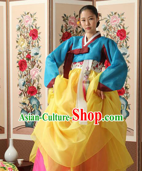 Korean Traditional Court Queen Hanbok Blue Blouse and Yellow Dress Garment Asian Korea Fashion Costume for Women