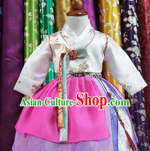 Korean Traditional Girls Birthday Hanbok White Blouse and Rosy Dress Garment Asian Korea Fashion Costume for Kids