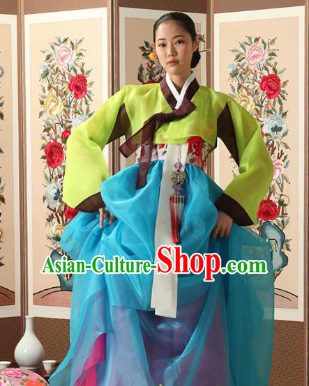 Korean Traditional Court Queen Hanbok Green Blouse and Blue Dress Garment Asian Korea Fashion Costume for Women