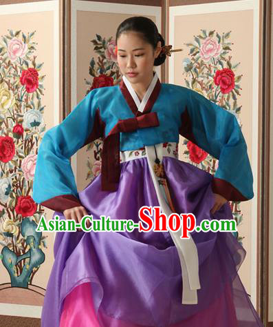 Korean Traditional Court Queen Hanbok Blue Blouse and Purple Dress Garment Asian Korea Fashion Costume for Women