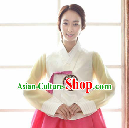 Korean Traditional Dance Hanbok White Vest Blouse and Rosy Dress Garment Asian Korea Fashion Costume for Women