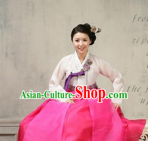 Korean Traditional Dance Hanbok White Blouse and Rosy Dress Garment Asian Korea Fashion Costume for Women