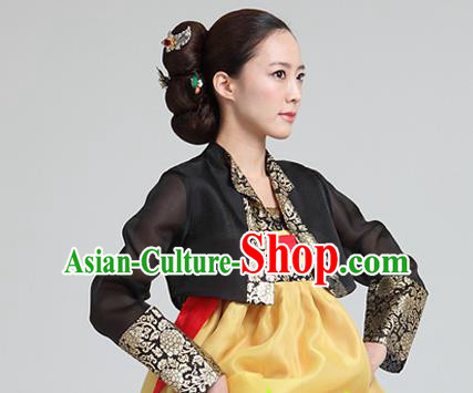 Korean Traditional Dance Hanbok Black Blouse and Yellow Dress Garment Asian Korea Fashion Costume for Women