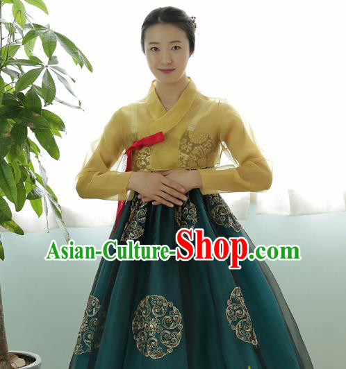 Korean Traditional Dance Hanbok Yellow Blouse and Green Dress Garment Asian Korea Fashion Costume for Women