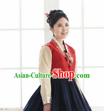 Korean Traditional Court Hanbok Red Blouse and Navy Dress Garment Asian Korea Fashion Costume for Women