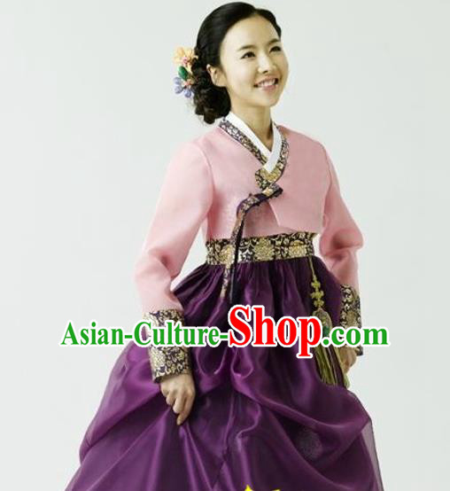 Korean Traditional Court Hanbok Pink Blouse and Purple Dress Garment Asian Korea Fashion Costume for Women