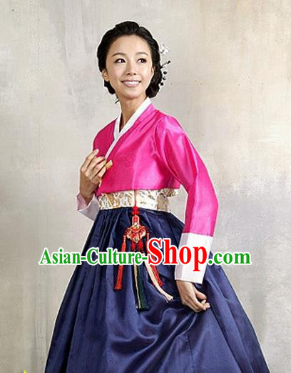 Korean Traditional Court Hanbok Rosy Satin Blouse and Navy Dress Garment Asian Korea Fashion Costume for Women