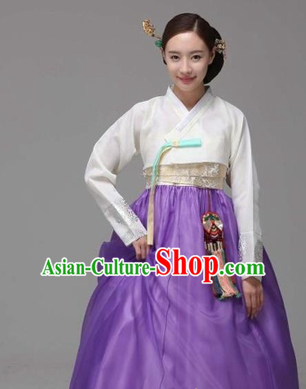 Korean Traditional Court Hanbok White Satin Blouse and Purple Dress Garment Asian Korea Fashion Costume for Women