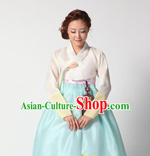 Korean Traditional Court Hanbok White Satin Blouse and Blue Dress Garment Asian Korea Fashion Costume for Women