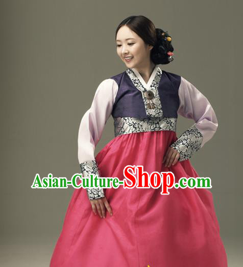 Korean Traditional Court Hanbok Purple Satin Blouse and Rosy Dress Garment Asian Korea Fashion Costume for Women