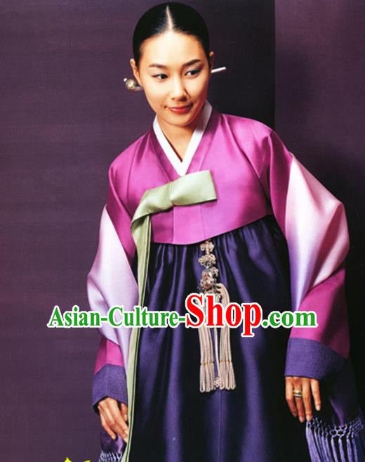 Korean Traditional Court Hanbok Rosy Satin Blouse and Navy Dress Garment Asian Korea Fashion Costume for Women