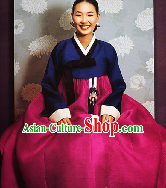 Korean Traditional Court Hanbok Navy Satin Blouse and Rosy Dress Garment Asian Korea Fashion Costume for Women