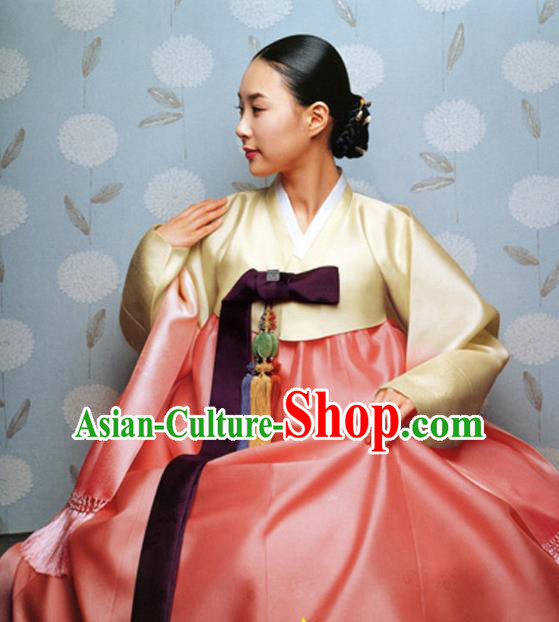 Korean Traditional Court Hanbok Yellow Satin Blouse and Orange Dress Garment Asian Korea Fashion Costume for Women