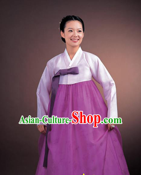 Korean Traditional Court Hanbok Lilac Satin Blouse and Purple Dress Garment Asian Korea Fashion Costume for Women