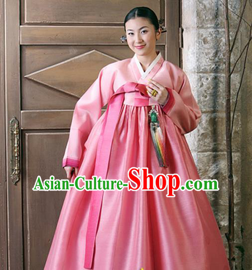 Korean Traditional Court Hanbok Pink Satin Blouse and Dress Garment Asian Korea Fashion Costume for Women