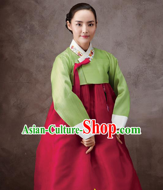 Korean Traditional Court Hanbok Green Satin Blouse and Wine Red Dress Garment Asian Korea Fashion Costume for Women