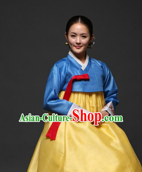 Korean Traditional Court Hanbok Blue Satin Blouse and Yellow Dress Garment Asian Korea Fashion Costume for Women