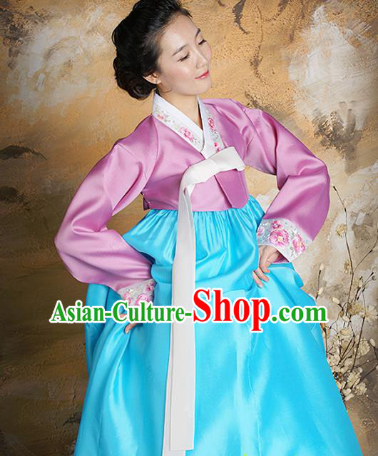 Korean Traditional Court Hanbok Pink Satin Blouse and Blue Dress Garment Asian Korea Fashion Costume for Women