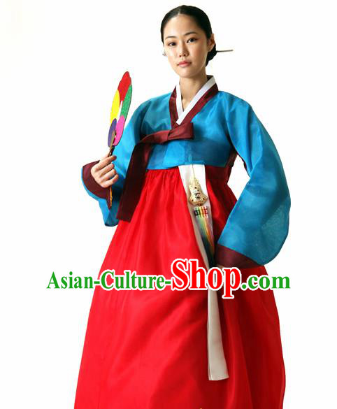 Korean Traditional Court Hanbok Blue Blouse and Red Dress Garment Asian Korea Fashion Costume for Women