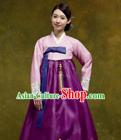 Korean Traditional Court Hanbok Pink Satin Blouse and Purple Dress Garment Asian Korea Fashion Costume for Women