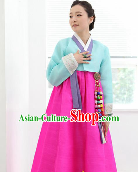 Korean Traditional Mother Hanbok Blue Blouse and Rosy Dress Garment Asian Korea Fashion Costume for Women