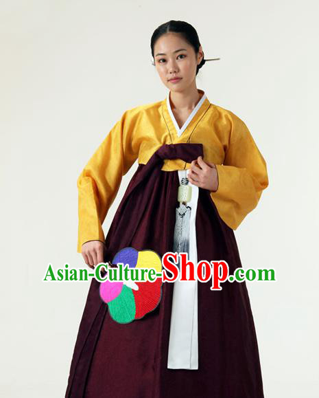 Korean Traditional Court Hanbok Yellow Blouse and Purplish Red Dress Garment Asian Korea Fashion Costume for Women