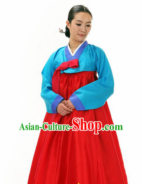 Korean Traditional Court Hanbok Blue Blouse and Red Dress Garment Asian Korea Fashion Costume for Women