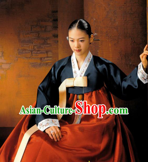 Korean Traditional Hanbok Court Navy Blouse and Red Dress Garment Asian Korea Fashion Costume for Women