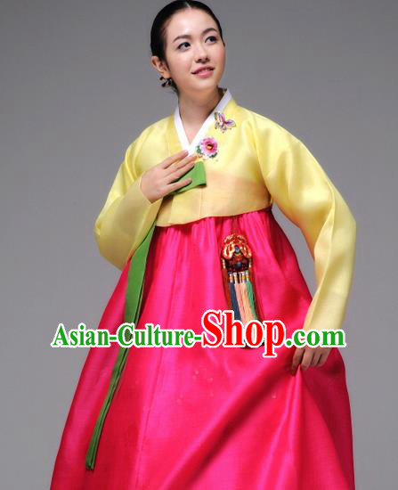 Korean Traditional Hanbok Yellow Blouse and Rosy Dress Garment Asian Korea Fashion Costume for Women