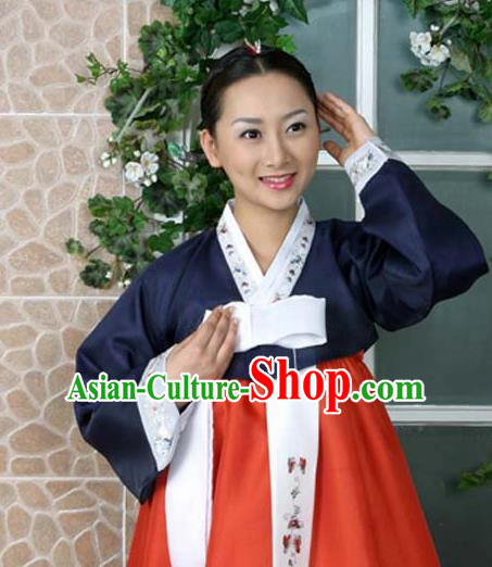 Korean Traditional Hanbok Navy Blouse and Orange Dress Garment Asian Korea Fashion Costume for Women