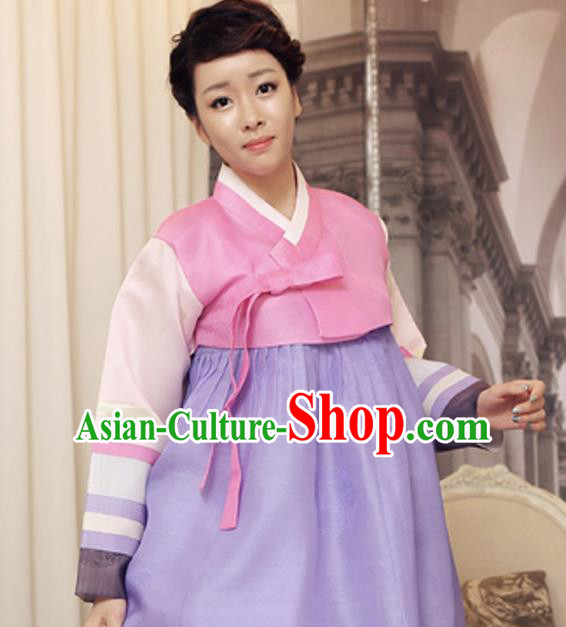 Korean Traditional Hanbok Light Pink Blouse and Lilac Dress Garment Asian Korea Fashion Costume for Women