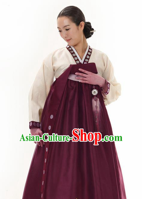Korean Traditional Hanbok Beige Blouse and Wine Red Dress Garment Asian Korea Fashion Costume for Women