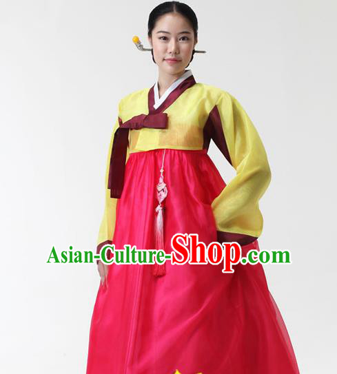 Korean Traditional Hanbok Yellow Blouse and Rosy Dress Garment Asian Korea Fashion Costume for Women