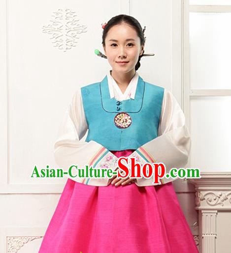 Korean Traditional Court Hanbok Blue Vest Blouse and Pink Dress Garment Asian Korea Fashion Costume for Women