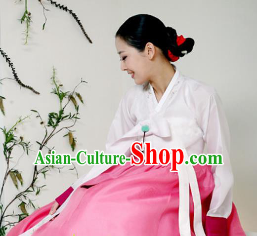 Korean Traditional Court Hanbok White Blouse and Pink Dress Garment Asian Korea Fashion Costume for Women