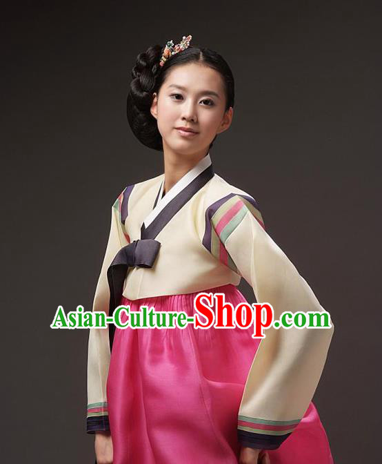 Korean Traditional Court Hanbok Beige Blouse and Pink Dress Garment Asian Korea Fashion Costume for Women