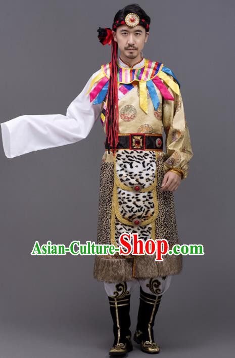 Chinese Traditional Zang Nationality Garment Tibetan Folk Dance Costume for Men