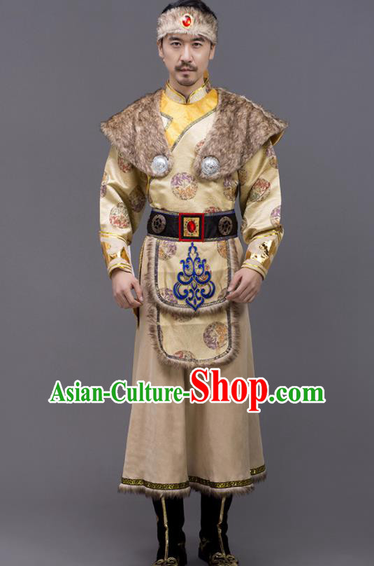 Chinese Traditional Mongol Nationality Stage Show Ginger Garment Ethnic Folk Dance Costume for Men