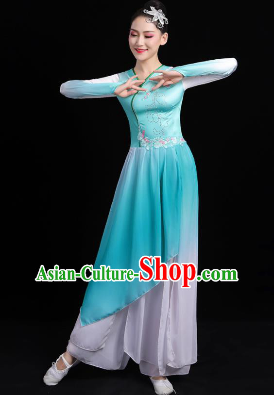 Chinese Traditional Classical Dance Blue Dress Umbrella Dance Stage Performance Costume for Women