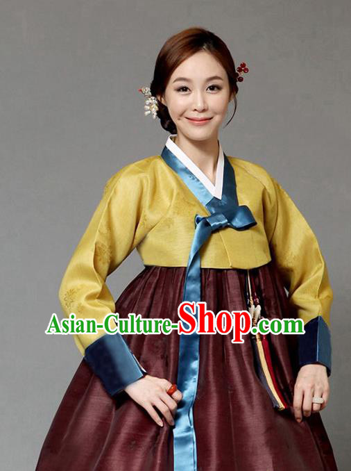 Korean Traditional Court Hanbok Ginger Blouse and Brown Dress Garment Asian Korea Fashion Costume for Women