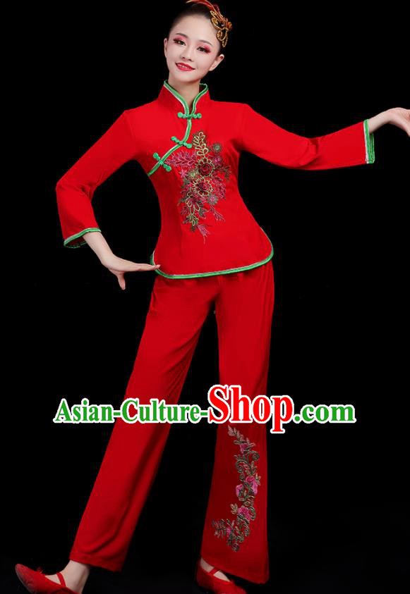 Chinese Traditional Yangko Dance Fan Dance Red Outfits Folk Dance Stage Performance Costume for Women