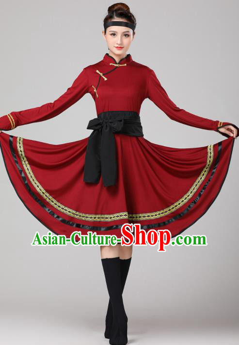 Chinese Traditional Mongol Nationality Purplish Red Dress Mongolian Ethnic Folk Dance Costume for Women