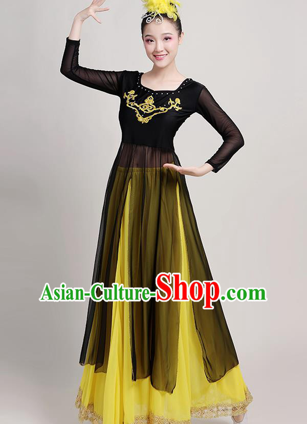 Chinese Traditional Xinjiang Uyghur Nationality Yellow Dress Uigurian Ethnic Folk Dance Costume for Women