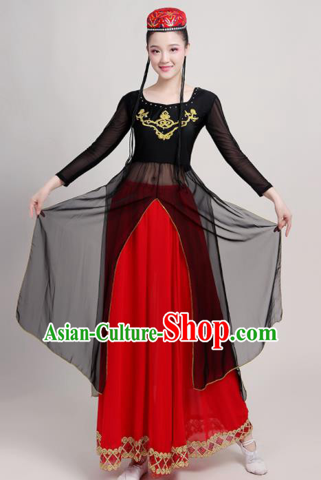 Chinese Traditional Xinjiang Uyghur Nationality Red Dress Uigurian Ethnic Folk Dance Costume for Women