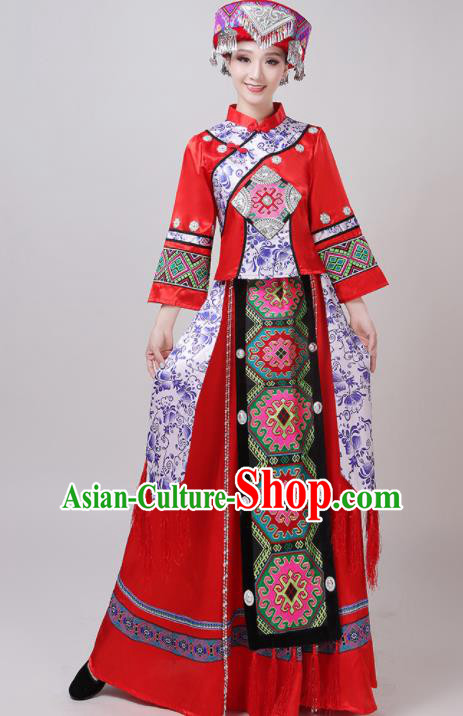 Chinese Traditional Tujia Nationality Red Dress Yi Ethnic Folk Dance Costume for Women