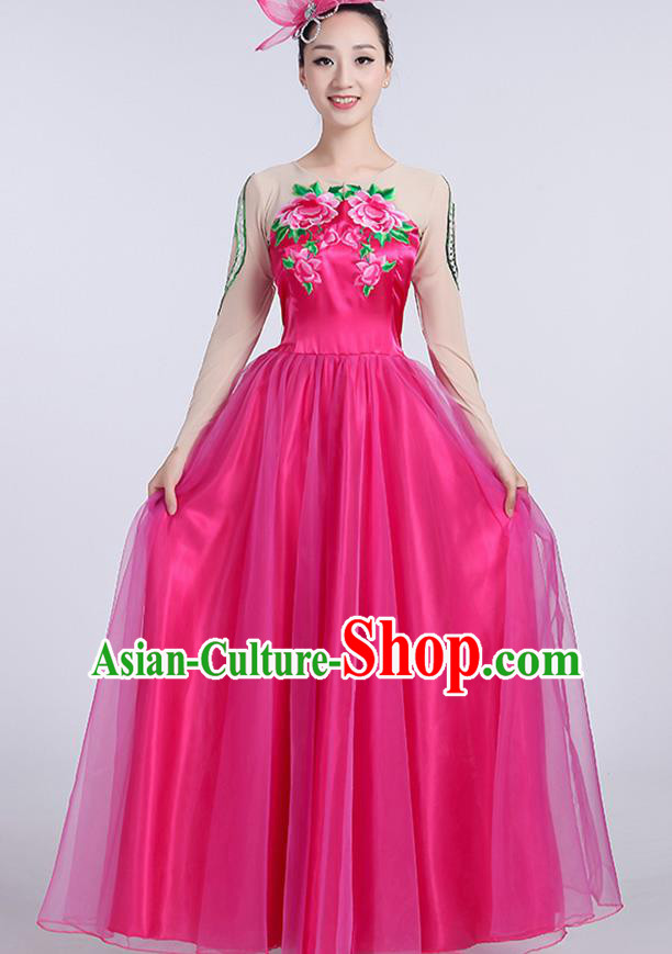 Chinese Traditional Fan Dance Rosy Dress Classical Dance Stage Performance Costume for Women