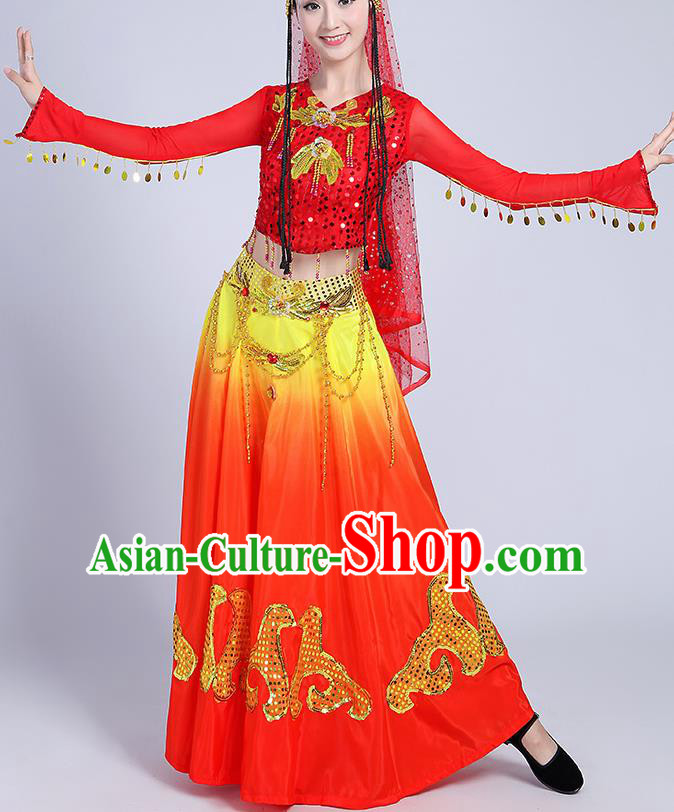 Chinese Traditional Uyghur Nationality Folk Dance Red Dress Uigurian Ethnic Costume for Women