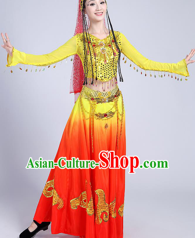 Chinese Traditional Uyghur Nationality Folk Dance Yellow Dress Uigurian Ethnic Costume for Women