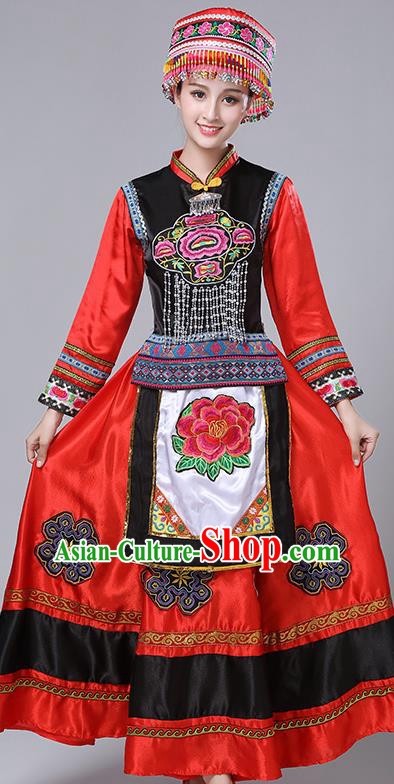 Chinese Traditional Yi Nationality Folk Dance Red Dress Ethnic Stage Show Costume for Women