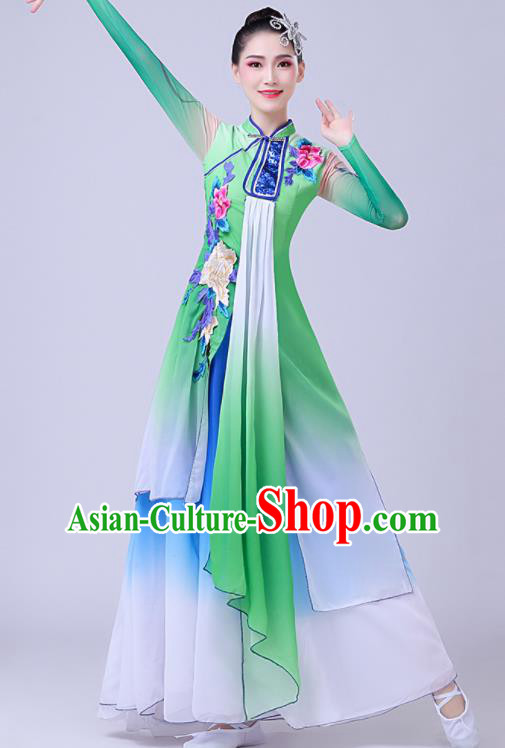 Chinese Traditional Umbrella Dance Fan Dance Green Dress Classical Dance Stage Performance Costume for Women